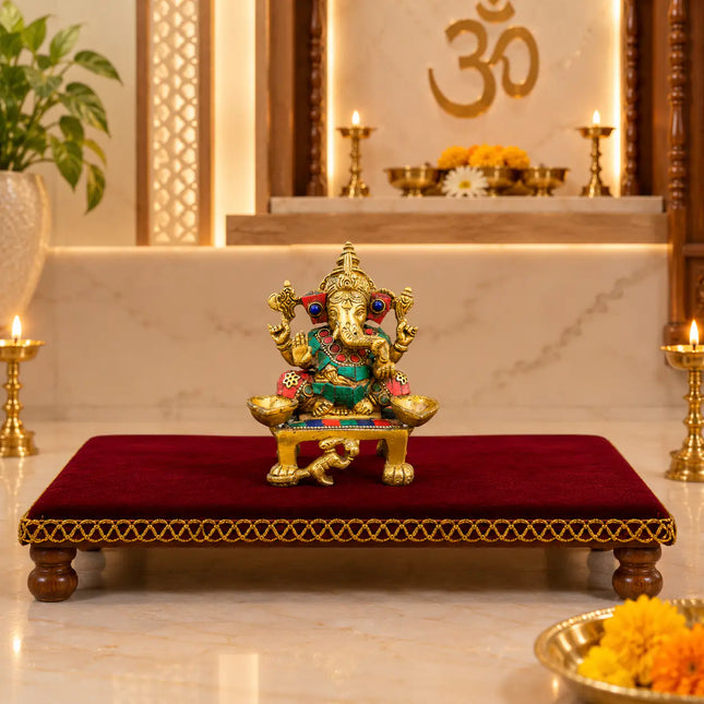 Brass Stone Work Sitting Ganesha Idol