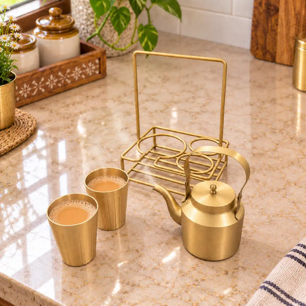 Brass Matt Tea Pot/Kettle and Cup Set With Serving Stand (9 Inch)