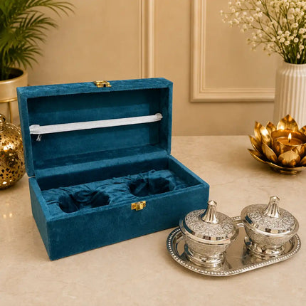 Brass Silver Plated Twin Bowl Set with Lids And Tray (3 Inch)