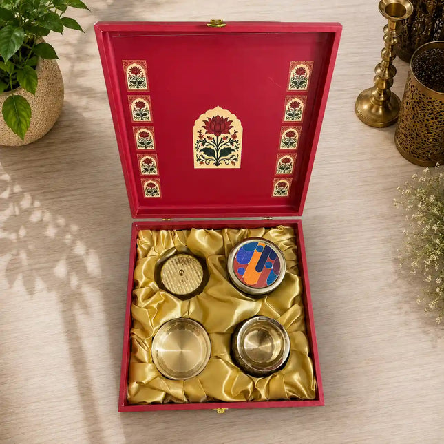 Brass Pooja Kalash Kumkum Box and Bowl Gift Hamper