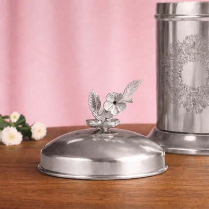Brass Embossed Design Jar with leaf knob on lid, Brass Decorative Storage Box