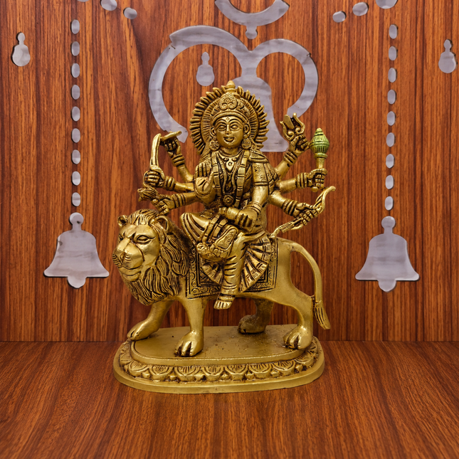 Brass Goddess Durga Sitting on Lion Statue (8.5 Inch)