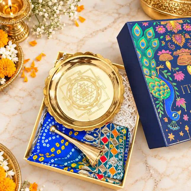 Brass Diwali Gift Hamper with Lotus Plate, Handbell and Pooja Asana