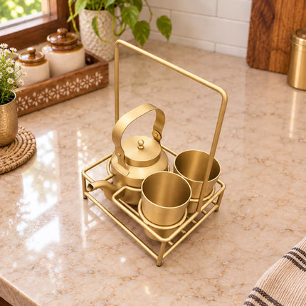Brass Matt Tea Pot/Kettle and Cup Set With Serving Stand (9 Inch)
