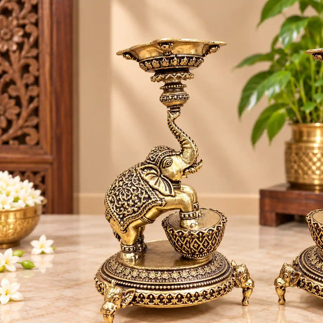 Brass Lightweight Diya Pair On Dancing Elephant (5.2 Inch)