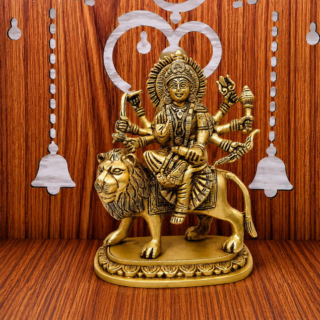 Brass Goddess Durga Sitting on Lion Statue (8.5 Inch)