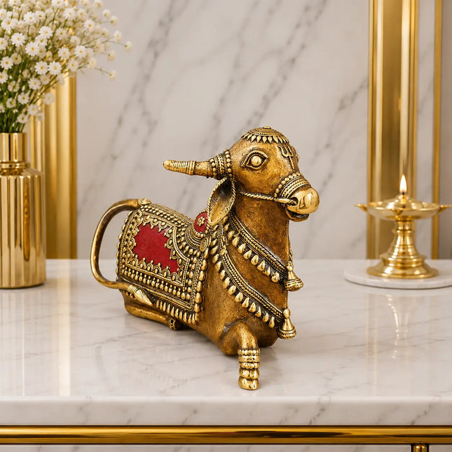 Brass Handcrafted Dhokra Sitting Nandi Idol (5.2 Inch)