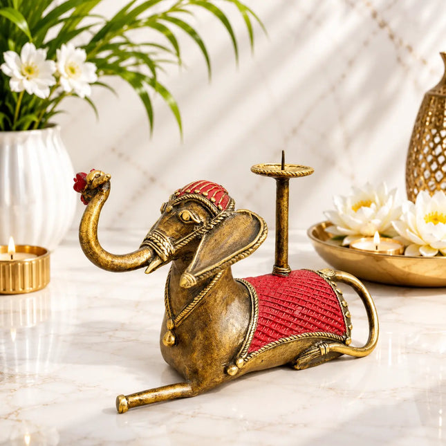 Brass Dhokra Sitting Elephant Statue With Candle Holder (5 Inch)