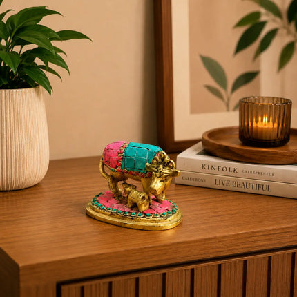 Brass Stone Work Kamdhenu Cow Idol (2.5 Inch)