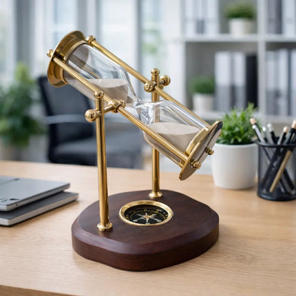 Brass Rotating Sand Clock With Compass And Wooden Stand