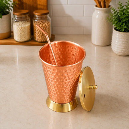 Copper Hammered Glass / Tumbler With Lid And Straw (6 Inch)
