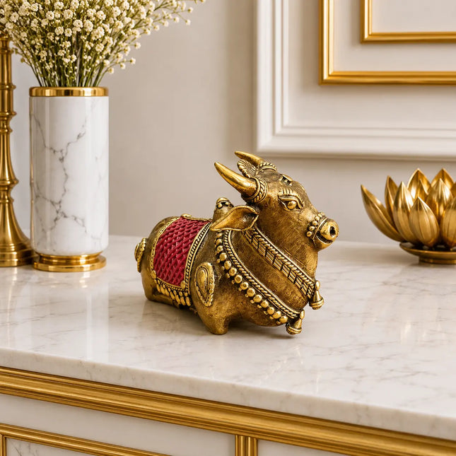 Brass Handcrafted Dhokra Sitting Nandi Idol (3.5 Inch)
