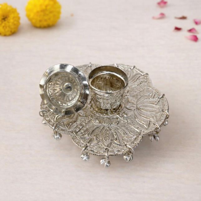 German Silver Kumkum Box With Ghungroo (3.5 Inch)
