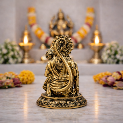Brass Lightweight Sitting Blessing Hanuman Idol With Base (4 Inch)