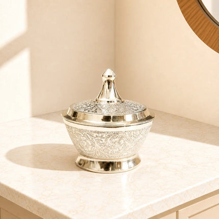 Brass Silver Twin Bowl Set with Lids And Tray (3 Inch)