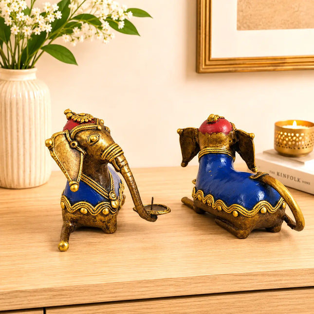 Brass Dhokra Sitting Elephant Statue Set With Candle Holder (5 Inch)