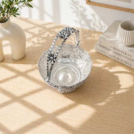Brass Silver Plated Decorative Basket with Handle (5.5 Inch)
