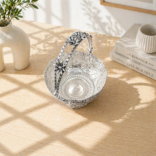 Brass Silver Plated Decorative Basket with Handle (5.5 Inch)