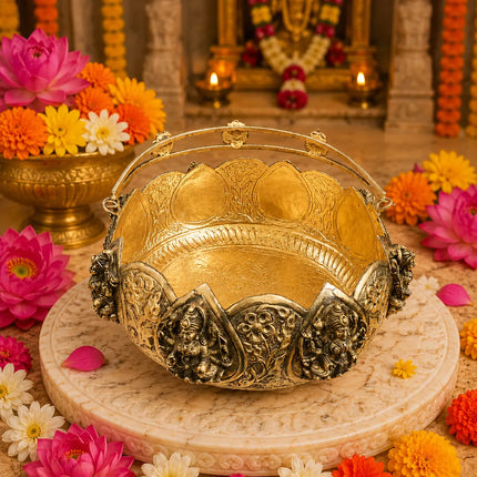 Brass Silver Plated Ashtalakshmi Basket With Handle And Leg (5 Inch)
