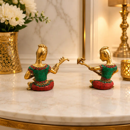 Brass Stone Work Musician Lady Set of 2 (4 Inch)