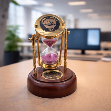 Brass Rotating Sand Clock With Compass And Wooden Stand