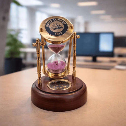 Brass Rotating Sand Clock With Compass And Wooden Stand