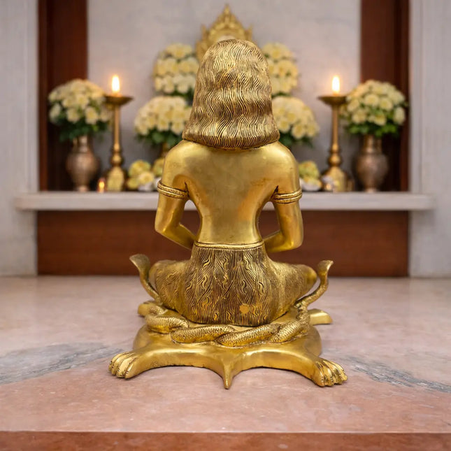 Brass Saint Gorakhnath Statue Sitting On Naag And Lion (14 Inch)