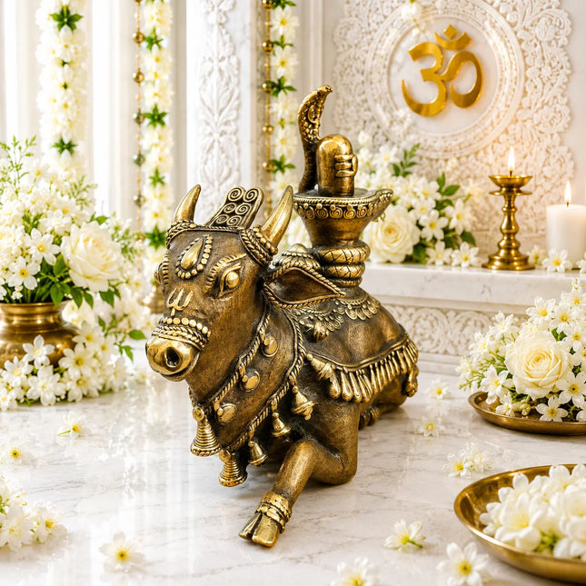 Brass Handcrafted Dhokra Sitting Nandi Idol on Shivling (7 Inch)
