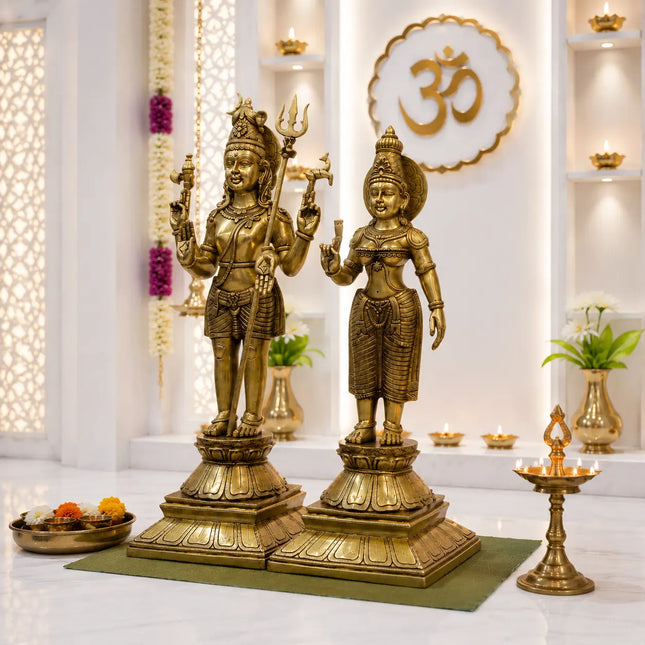 Brass Standing Shiva Parvati Idol Set (34 Inch)