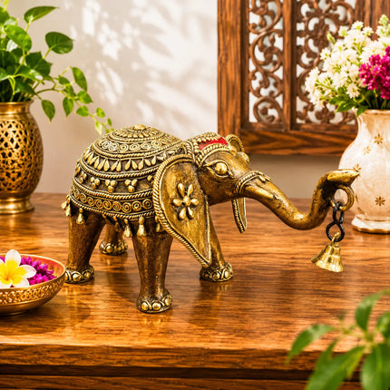 Brass Handcrafted Dhokra Elephant Statue With Bell (5.5 Inch)