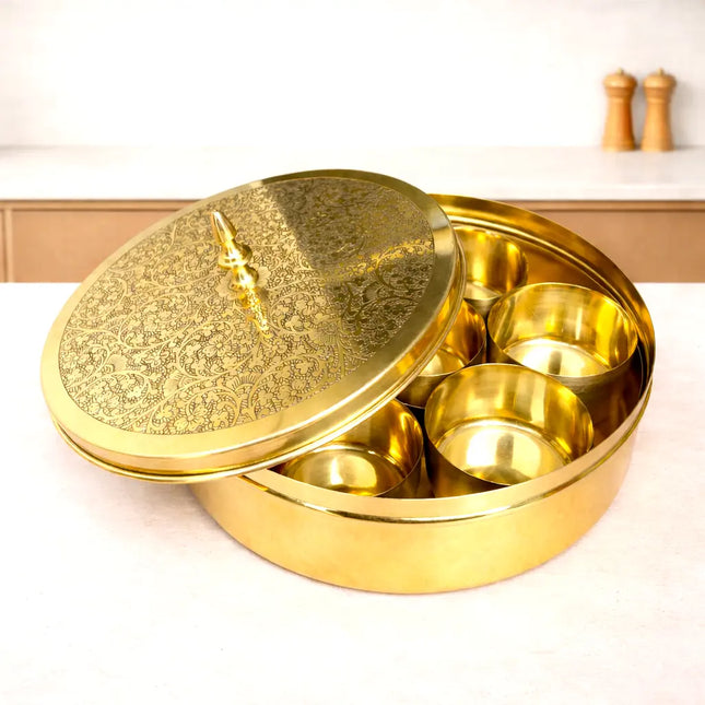 Brass Etched Floral Masala Daani / Spice Box (2.5 Inch)