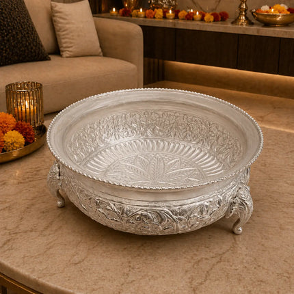 Brass Silver Urli Bowl with Elephant Legs (3.2 Inch)