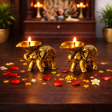 Brass Lightweight Elephant Standing Diya Pair (2.5 Inch)