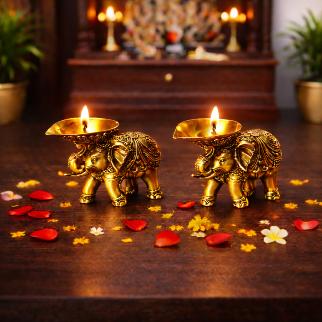 Brass Lightweight Elephant Standing Diya Pair (2.5 Inch)
