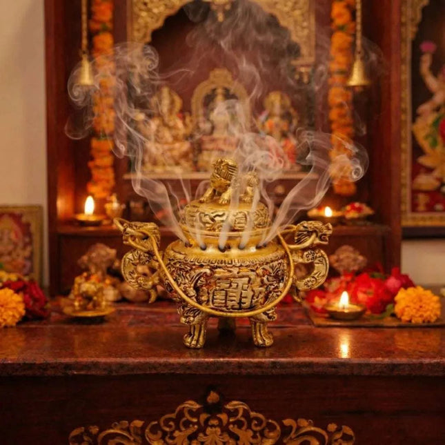 Brass Yali/kirtimukha Dragon Dhoop Dani & Incense Holder With Handle (4 Inch)