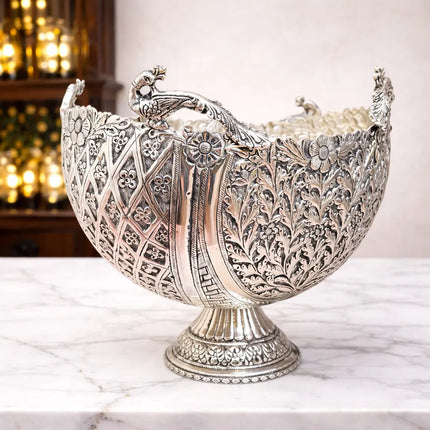 Brass Silver Plated Decorative Basket with Floral Design (10 Inch)