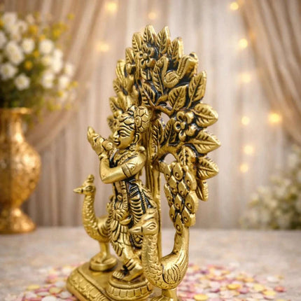Brass Lord Krishna Standing Statue With Tree And Peacock (5 Inch)