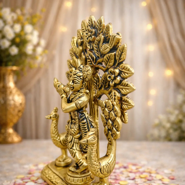 Brass Lord Krishna Standing Statue With Tree And Peacock (5 Inch)