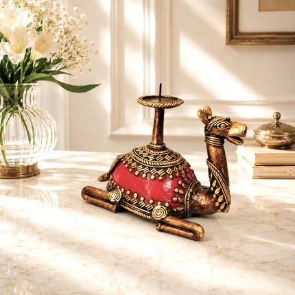 Brass Dhokra Sitting Camel Candle Stand (5 Inch)