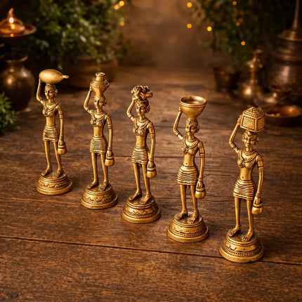 Brass Tribal Lady Statue Decor Set Of Five  (7.5 Inch)