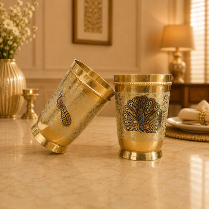 Brass Hand Painted Glass Pair