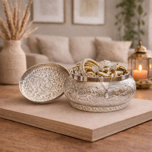 German Silver Storage Container/Supari Box With Lid (3.5 Inch)