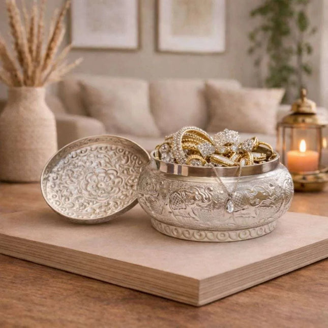 German Silver Storage Container/Supari Box With Lid (3.5 Inch)