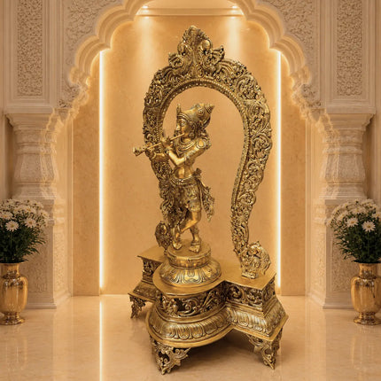 Brass Standing Krishna Idol On Throne / Singhasan (31 Inch)