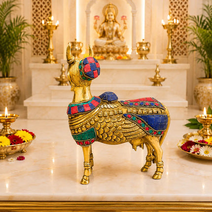 Brass Stone Work Standing Cow Idol