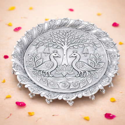German Silver Pooja Thali With Ghungroo (11 inch)
