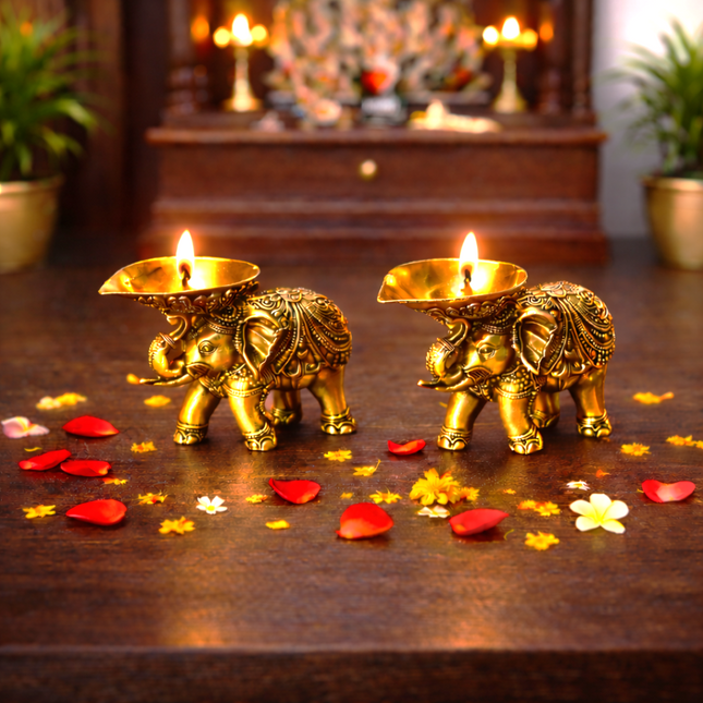 Brass Lightweight Elephant Standing Diya Pair (2.5 Inch)