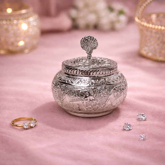 German Silver Storage Container/Supari Box With Lid (4.5 Inch)