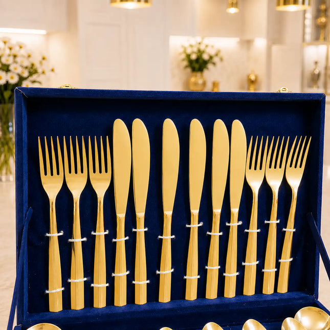 Brass Cutlery Flatware Set With Velvet Gift Box - 26 Pieces