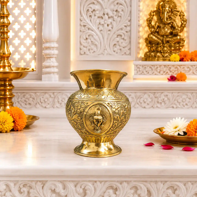 Brass Shankh Chakra Namaha Kodam / Kalash (5 Inch)